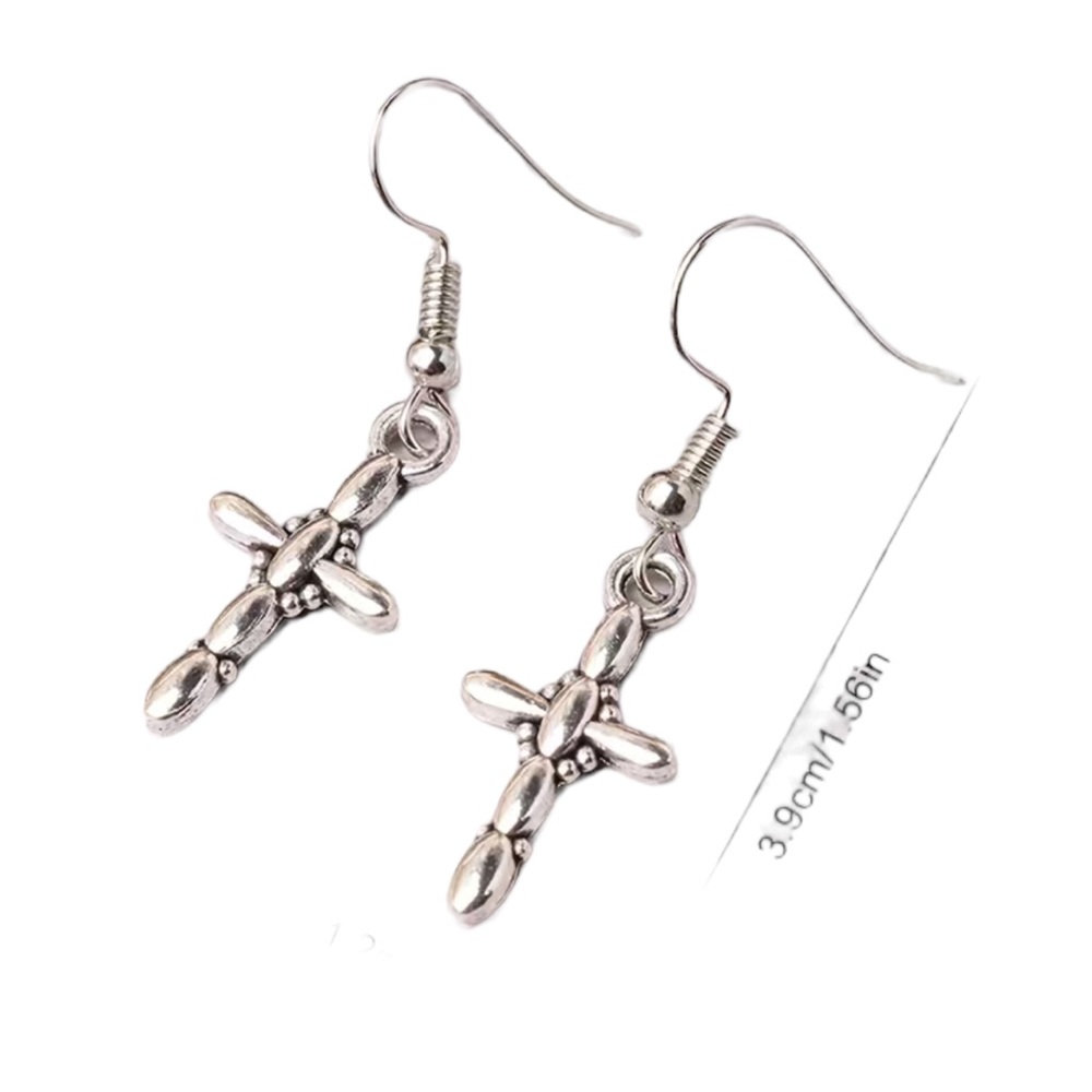 Silver Christian Cross Design Drop Earrings - Picture 3 of 4